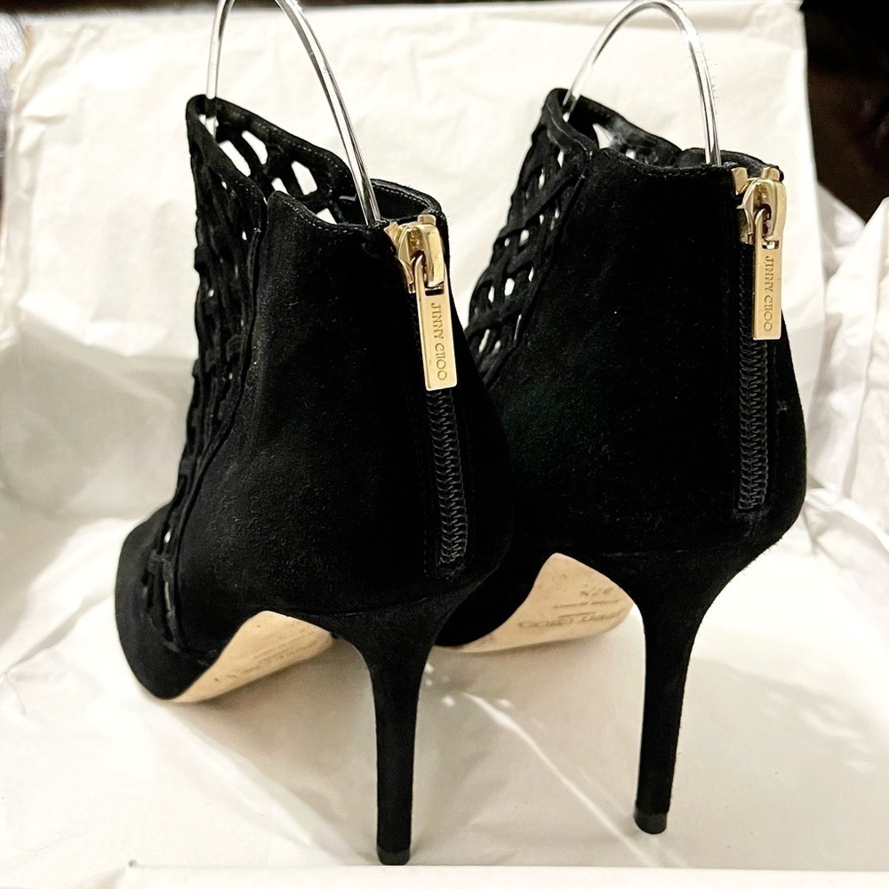Jimmy Choo fishnet gladiator ankle peeptoe bootie Supple suede lthr blk EU37.5 - Picture 7 of 9